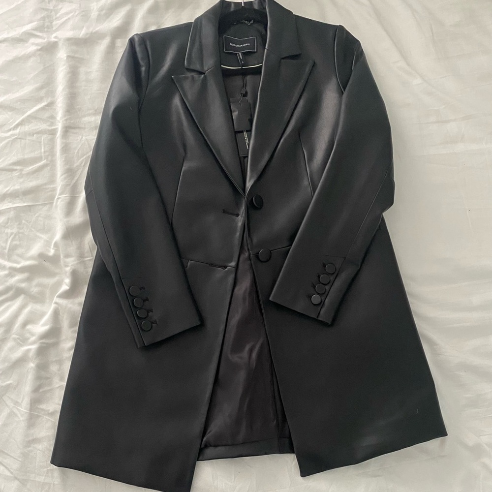 BCBG Max Azaria Faux Leather Black Longline Blazer Coat Size S